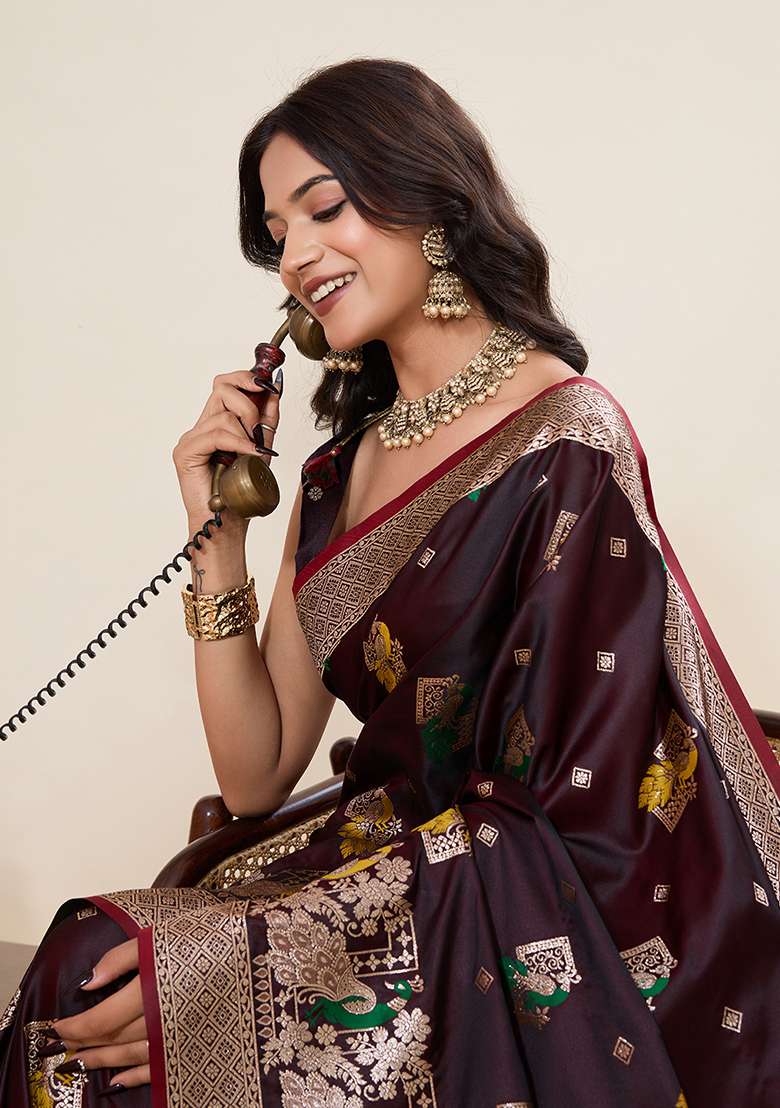 Dark Brown Zari Work Silk Blend Saree Set for Diwali and Festive Wear - Indya
