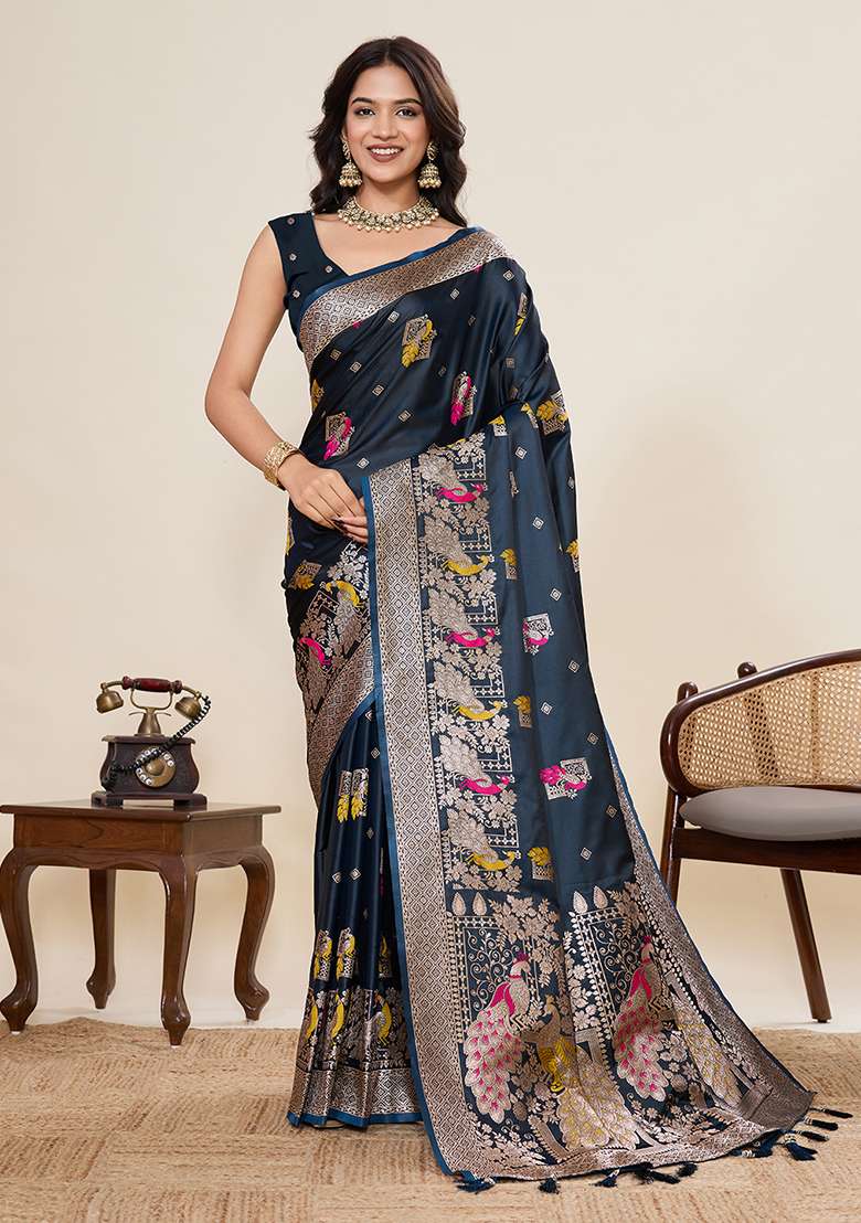 Dark Blue Silk Blend Saree Set with Zari Work for Diwali | Wedding & Festive Wear - Indya