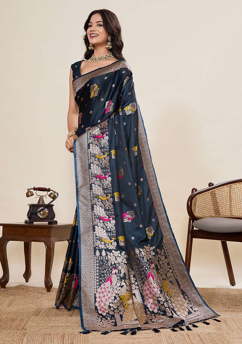 Dark Blue Silk Blend Saree Set with Zari Work for Diwali | Wedding & Festive Wear - Indya