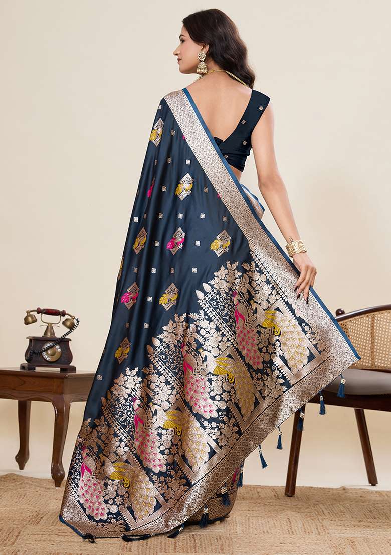 Dark Blue Silk Blend Saree Set with Zari Work for Diwali | Wedding & Festive Wear - Indya