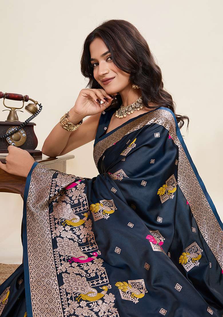 Dark Blue Silk Blend Saree Set with Zari Work for Diwali | Wedding & Festive Wear - Indya