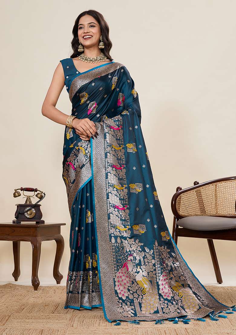 Rama Zari Work Silk Blend Saree Set for Diwali and Festive Wear - Indya