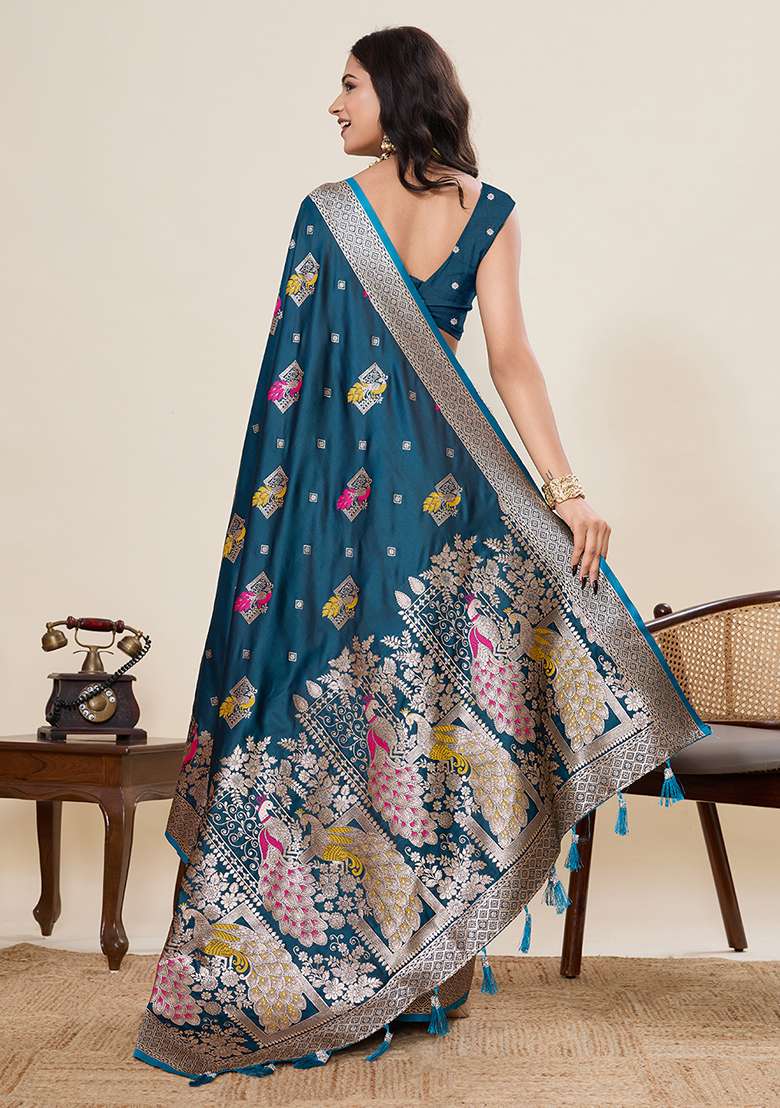 Rama Zari Work Silk Blend Saree Set for Diwali and Festive Wear - Indya