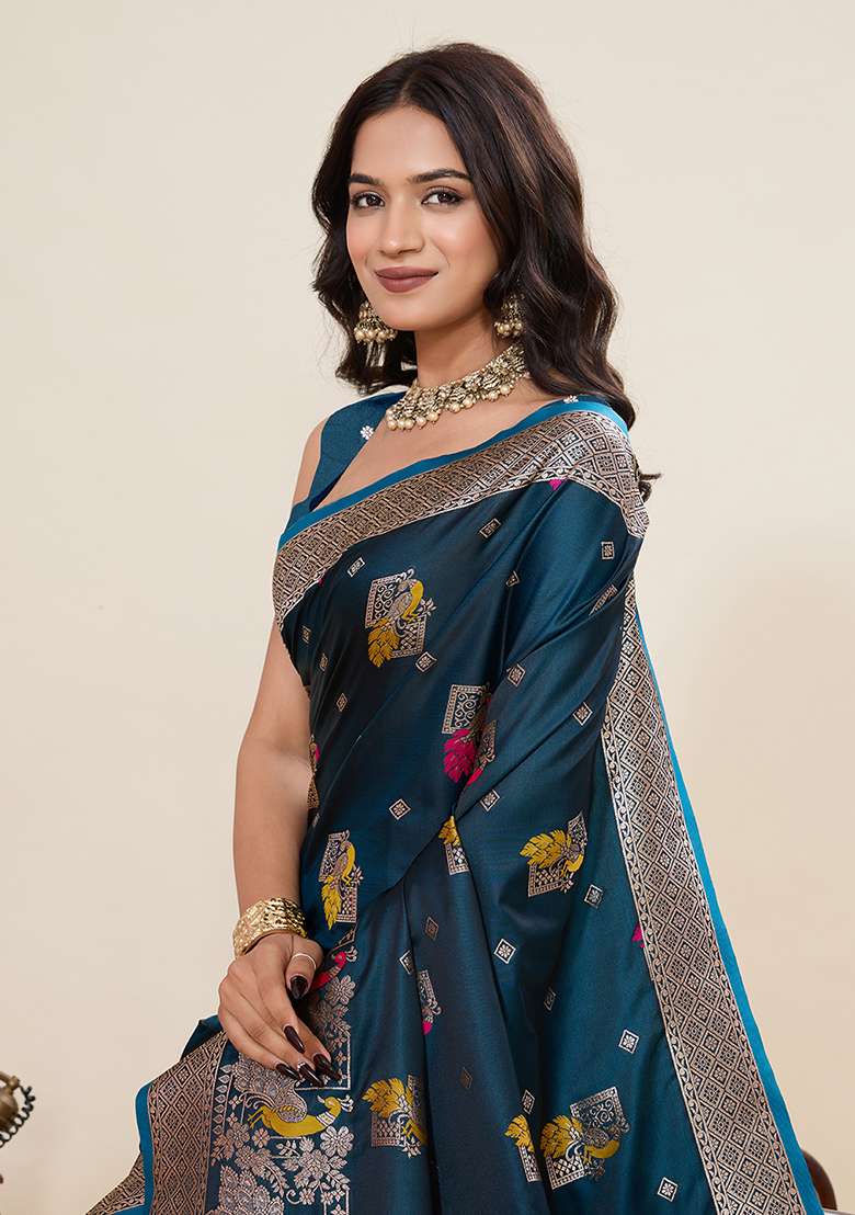 Rama Zari Work Silk Blend Saree Set for Diwali and Festive Wear - Indya