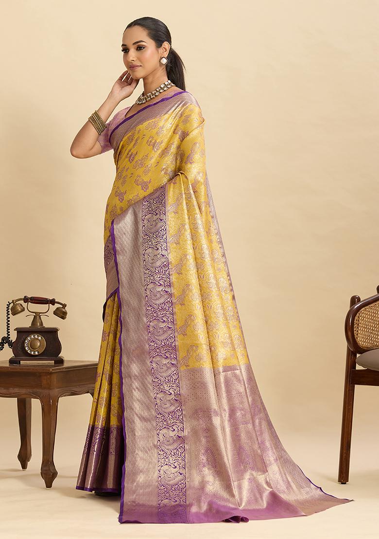 Yellow Kanjivaram Silk Saree Set - Indya