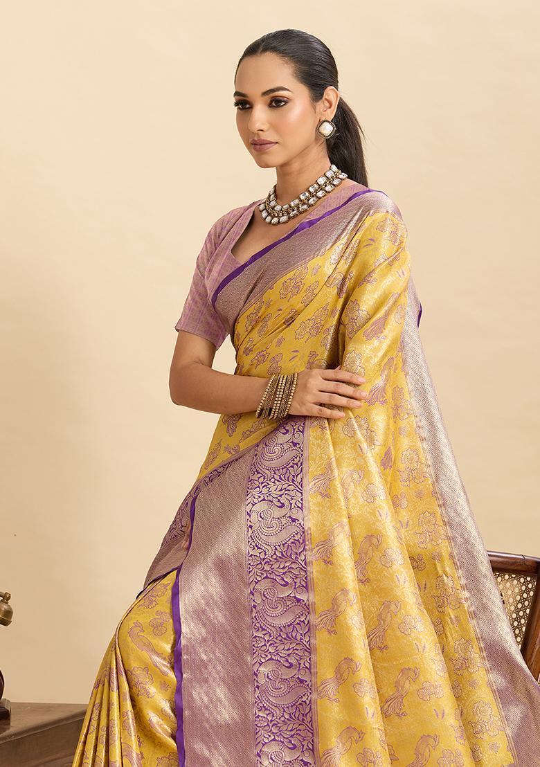 Yellow Kanjivaram Silk Saree Set - Indya