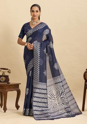 Navy Blue Geometric Print Work Silk Saree Set