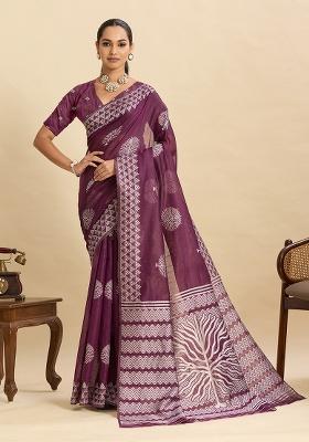 Purple Geometric Print Work Silk Saree Set