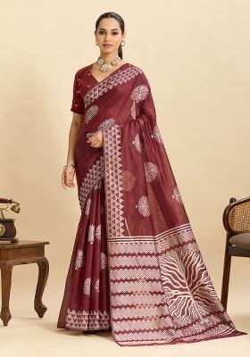 Maroon Geometric Print Work Silk Saree Set