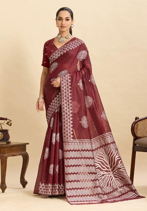 Maroon Geometric Print Work Silk Saree Set