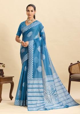 Teal Blue Geometric Print Work Silk Saree Set