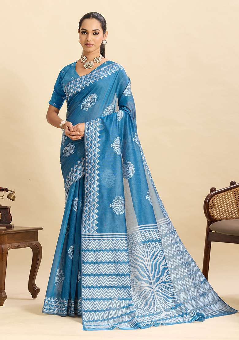 Teal Blue Geometric Print Work Silk Blend Saree Set - Indya
