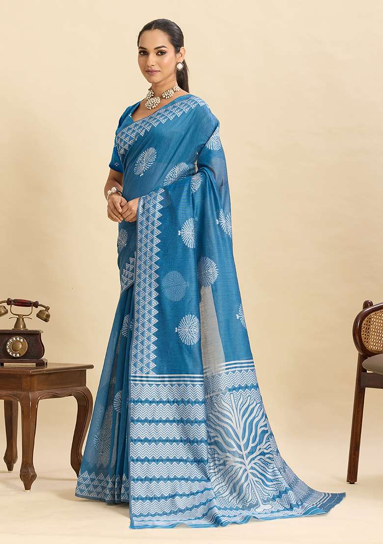 Teal Blue Geometric Print Work Silk Blend Saree Set - Indya