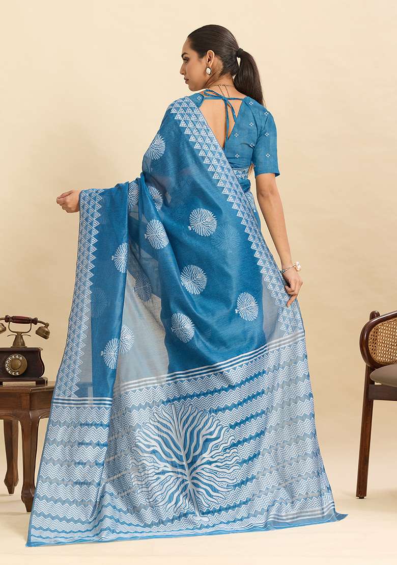 Teal Blue Geometric Print Work Silk Blend Saree Set - Indya