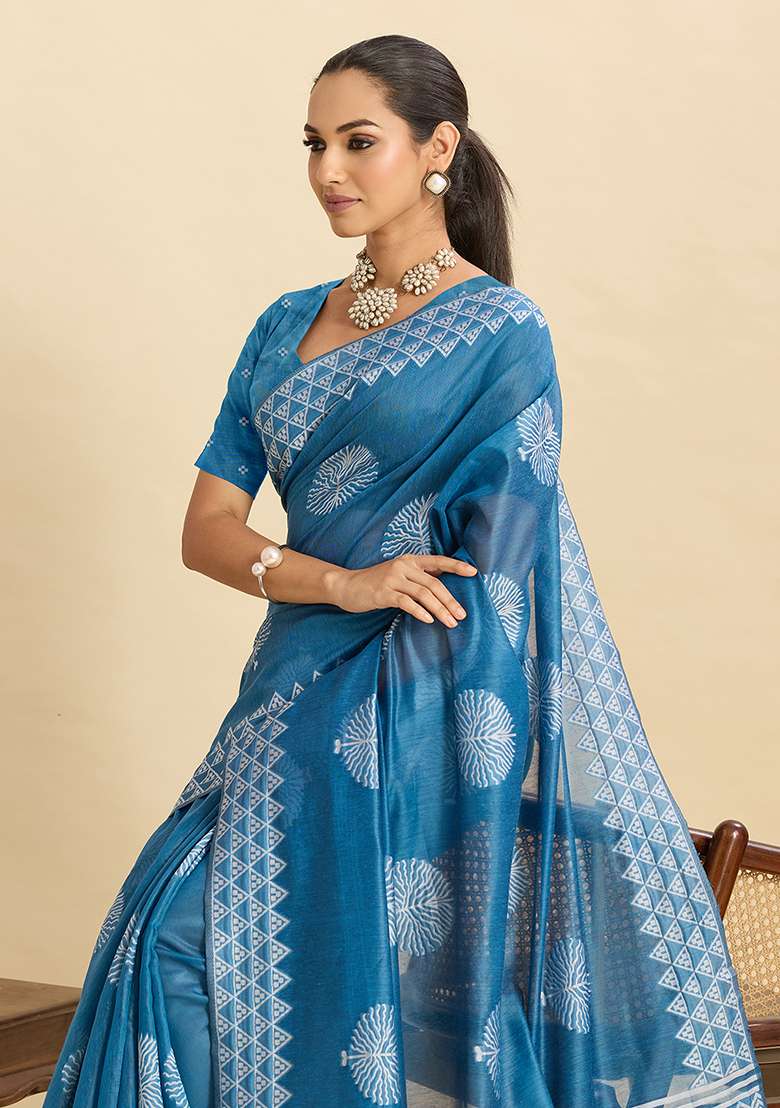 Teal Blue Geometric Print Work Silk Blend Saree Set - Indya