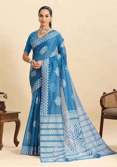 Teal Blue Geometric Print Work Silk Saree Set