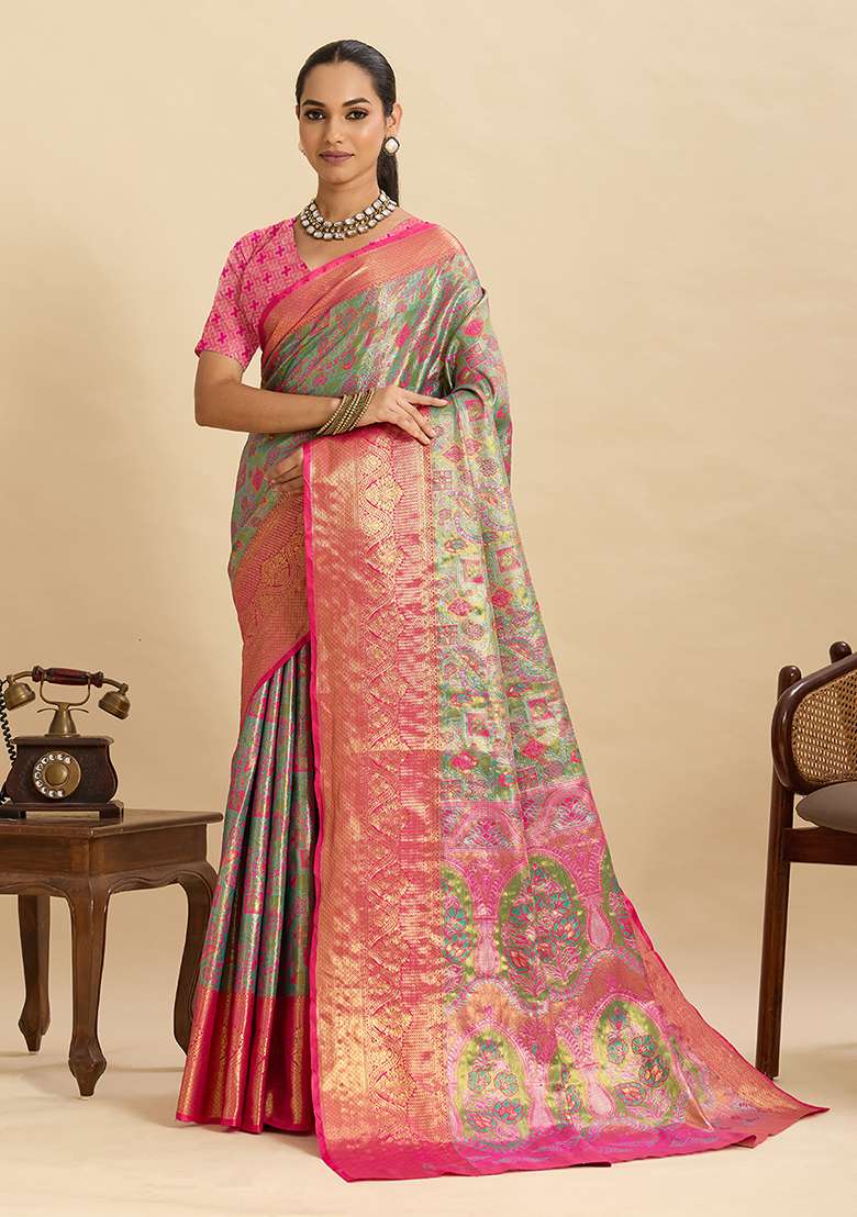 Magenta Zari Work Silk Blend Saree Set for Diwali and Festive Wear - Indya