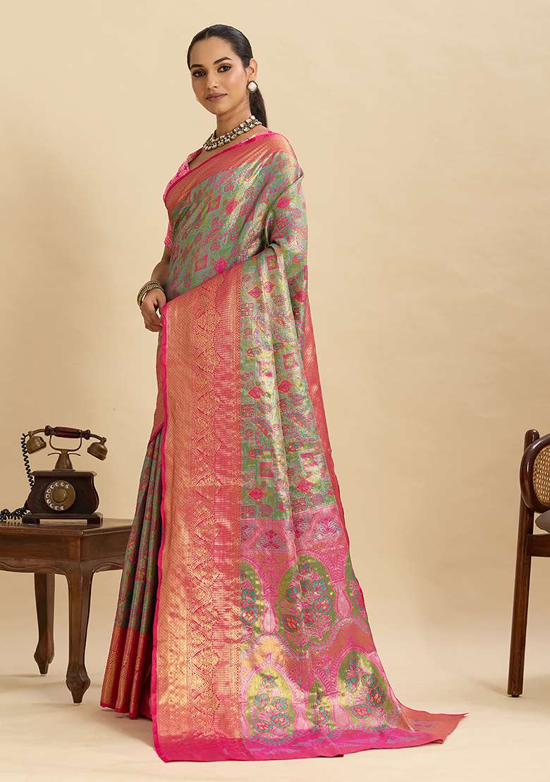 Magenta Zari Work Silk Blend Saree Set for Diwali and Festive Wear - Indya