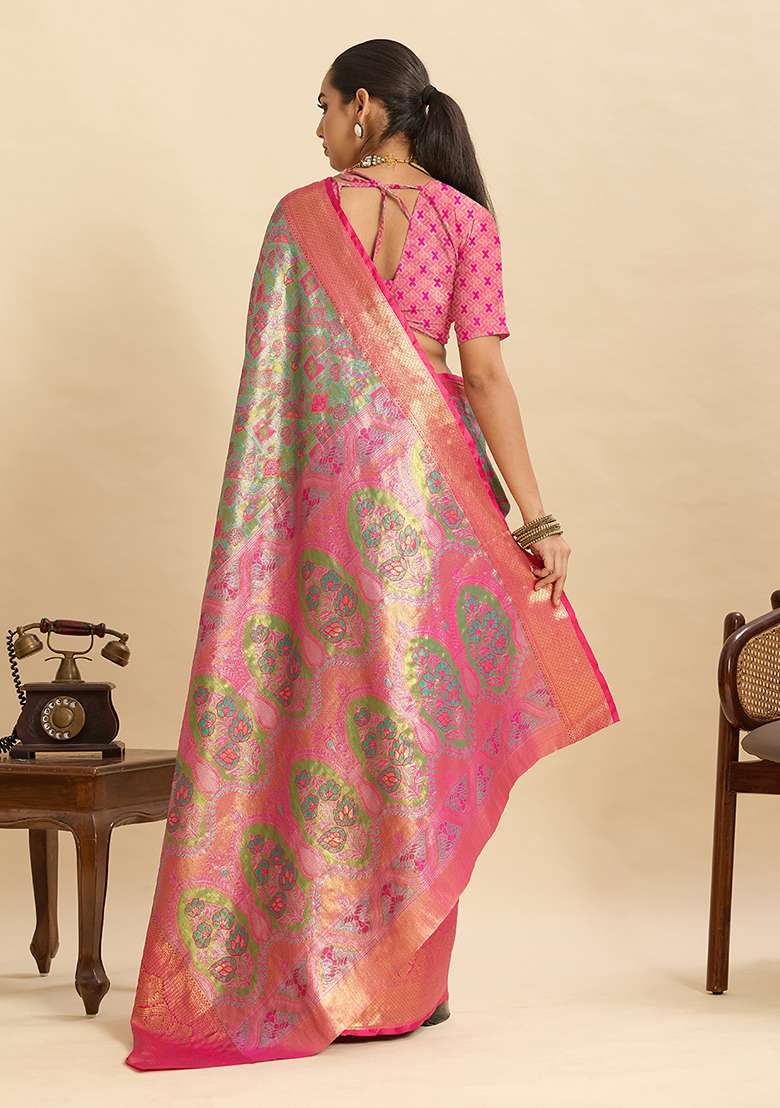 Magenta Zari Work Silk Blend Saree Set for Diwali and Festive Wear - Indya