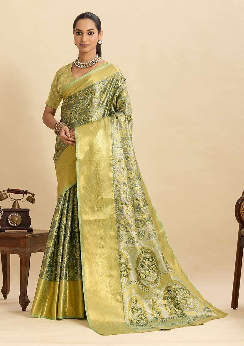 Pista Zari Work Silk Blend Saree Set for Diwali and Festive Wear - Indya