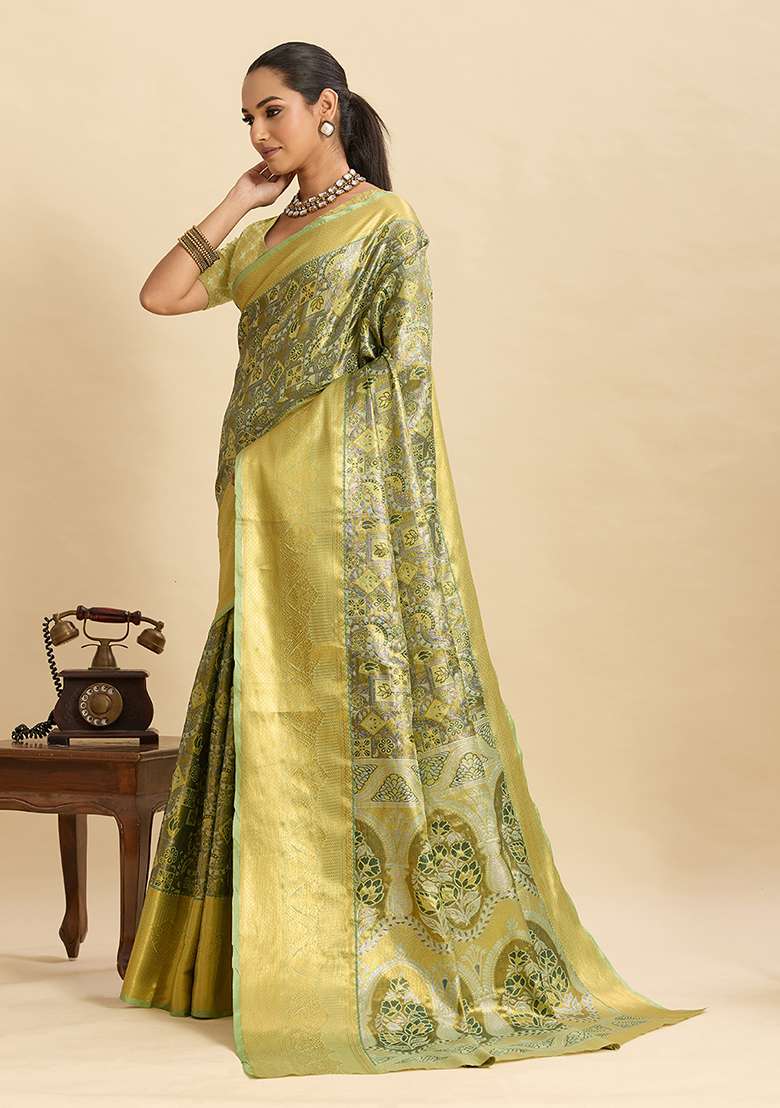 Pista Zari Work Silk Blend Saree Set for Diwali and Festive Wear - Indya