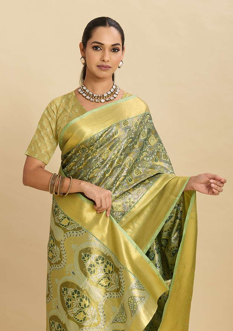 Pista Zari Work Silk Blend Saree Set for Diwali and Festive Wear - Indya