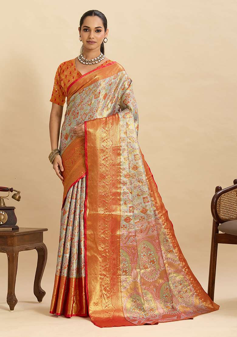 Pastel Grey Silk Blend Saree Set with Zari Work for Diwali | Wedding & Festive Wear - Indya