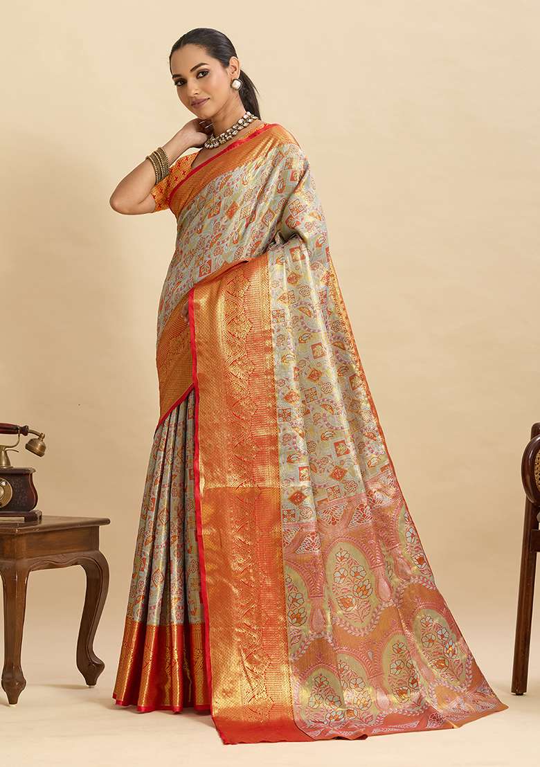 Pastel Grey Silk Blend Saree Set with Zari Work for Diwali | Wedding & Festive Wear - Indya
