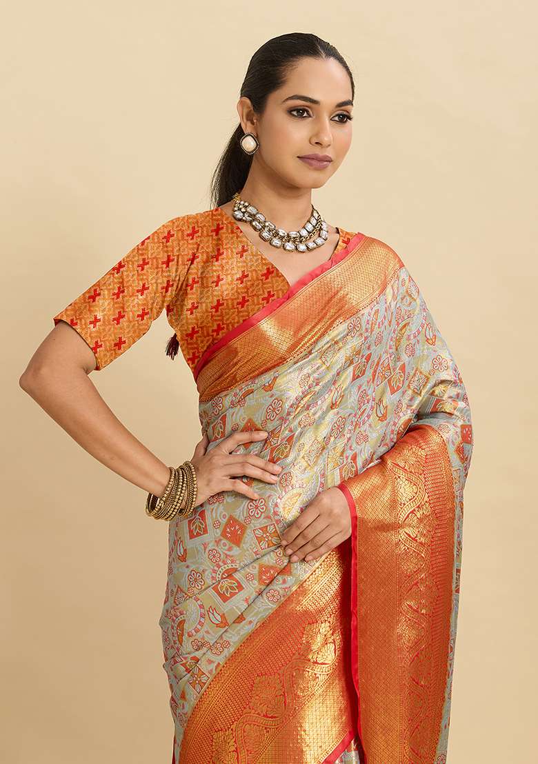 Pastel Grey Silk Blend Saree Set with Zari Work for Diwali | Wedding & Festive Wear - Indya