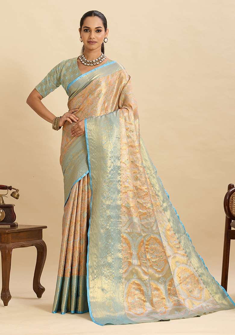 Peach Silk Blend Saree Set with Zari Work for Diwali | Wedding & Festive Wear - Indya