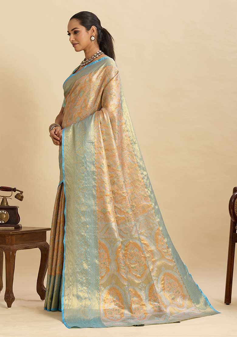 Peach Silk Blend Saree Set with Zari Work for Diwali | Wedding & Festive Wear - Indya