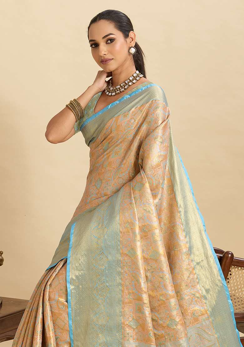 Peach Silk Blend Saree Set with Zari Work for Diwali | Wedding & Festive Wear - Indya