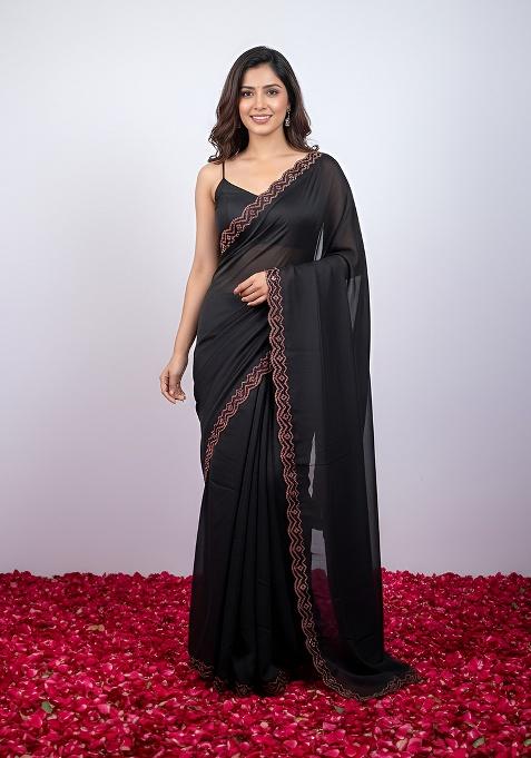 Black Zerkan Work Border Tissue Saree Set