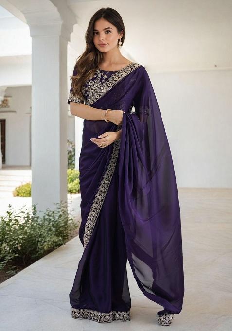 Purple Embroidery Silk Saree Set