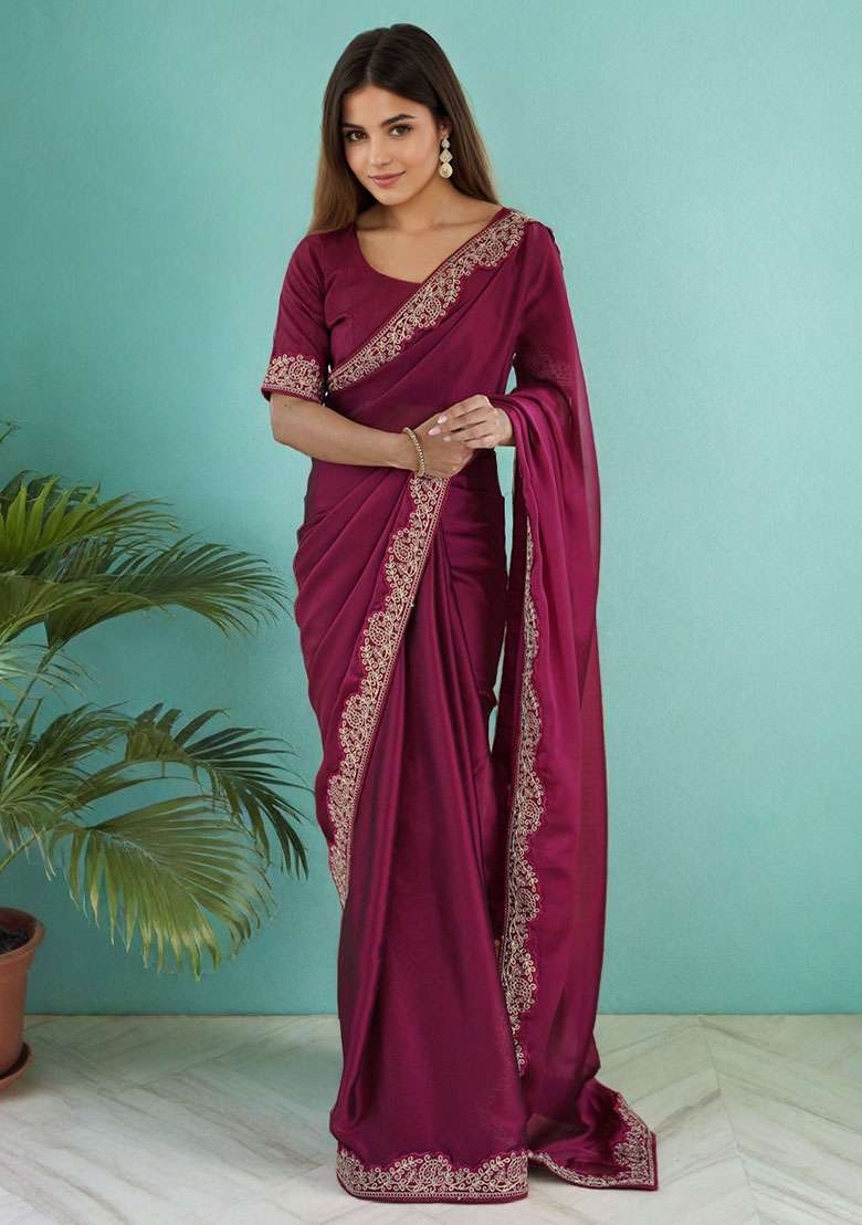 Megenta Embroidery Silk Blend Saree Set for Diwali and Festive Wear - Indya