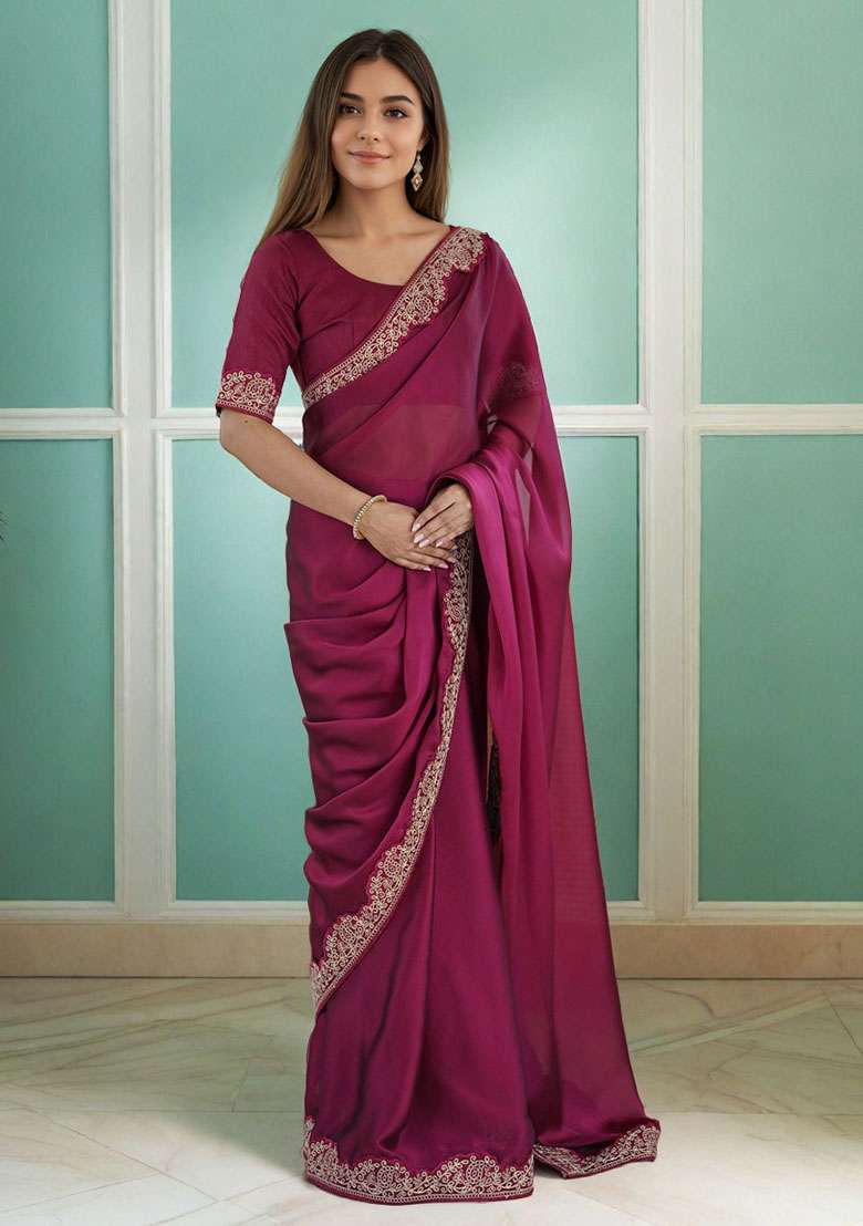 Megenta Embroidery Silk Blend Saree Set for Diwali and Festive Wear - Indya
