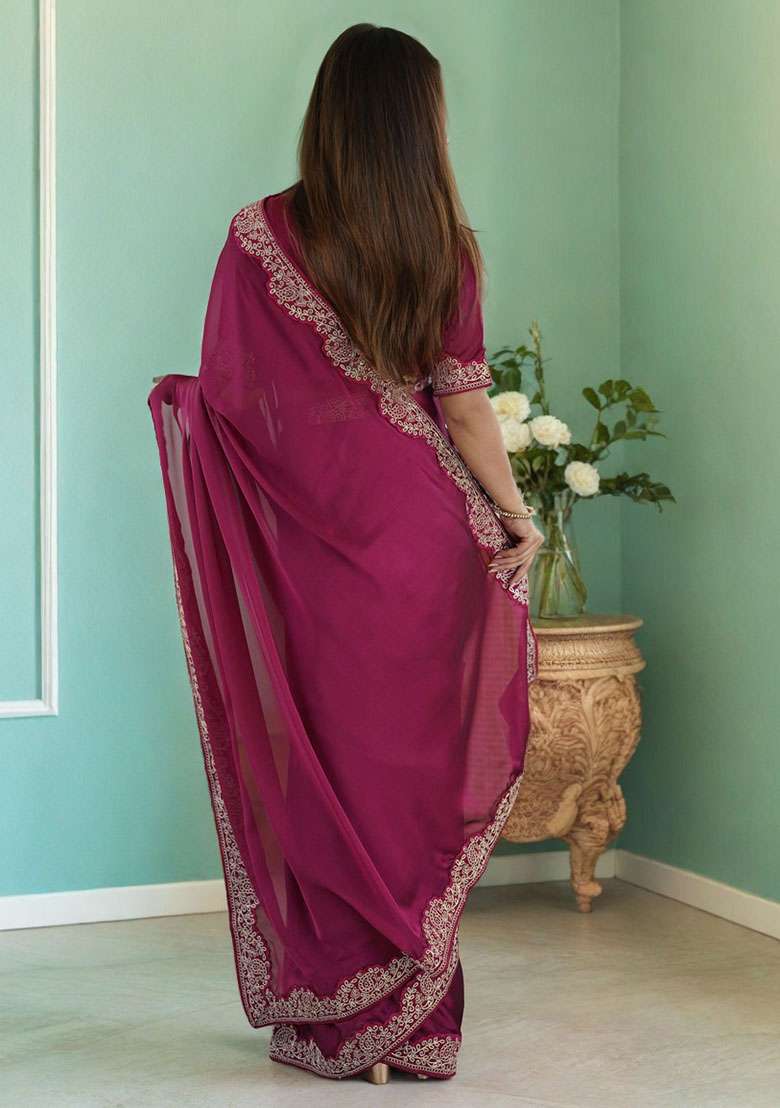 Megenta Embroidery Silk Blend Saree Set for Diwali and Festive Wear - Indya
