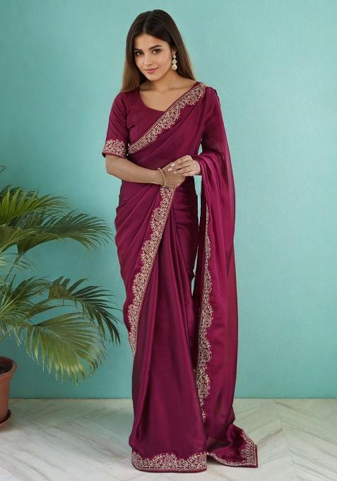 Megenta Embroidery Silk Saree Set