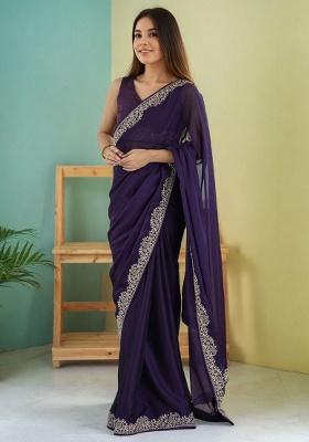 Purple Embroidery Silk Saree Set
