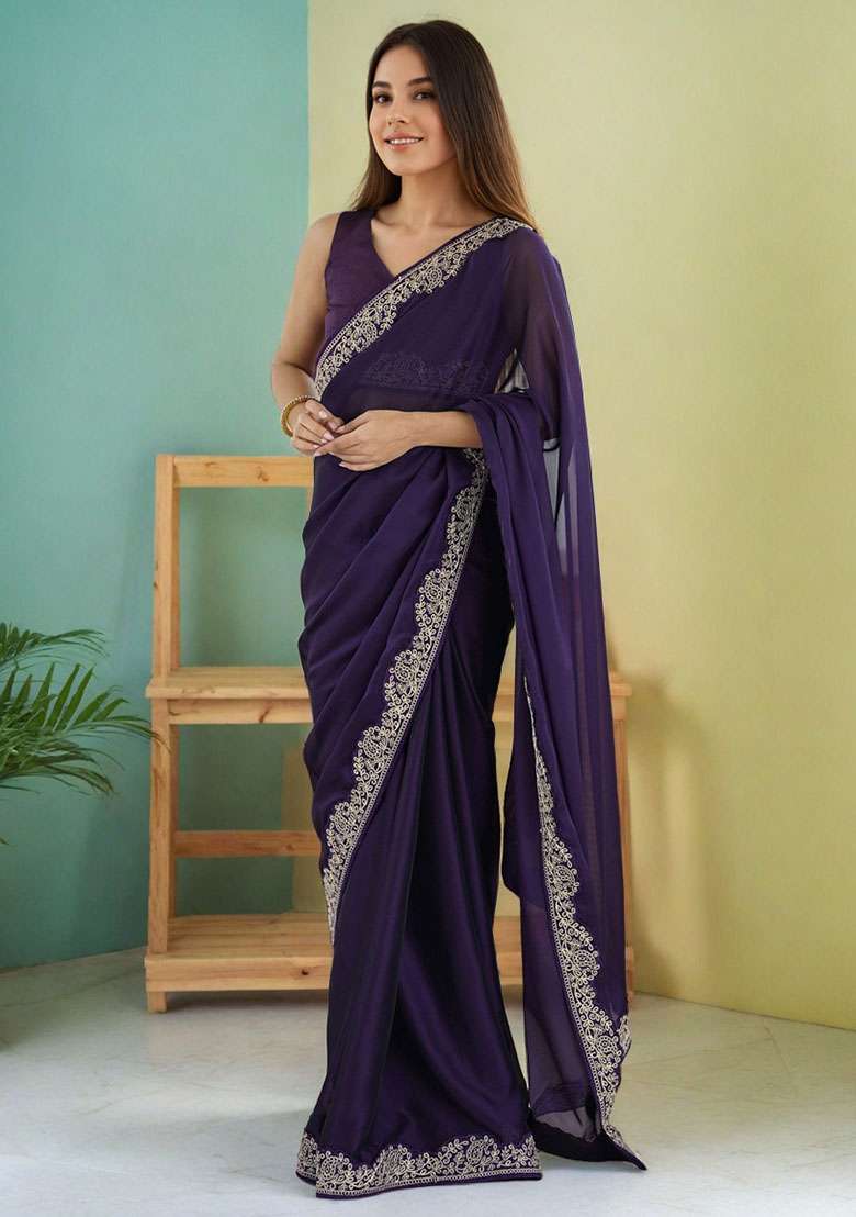 Purple Silk Blend Saree Set with Embroidery for Diwali | Wedding & Festive Wear - Indya