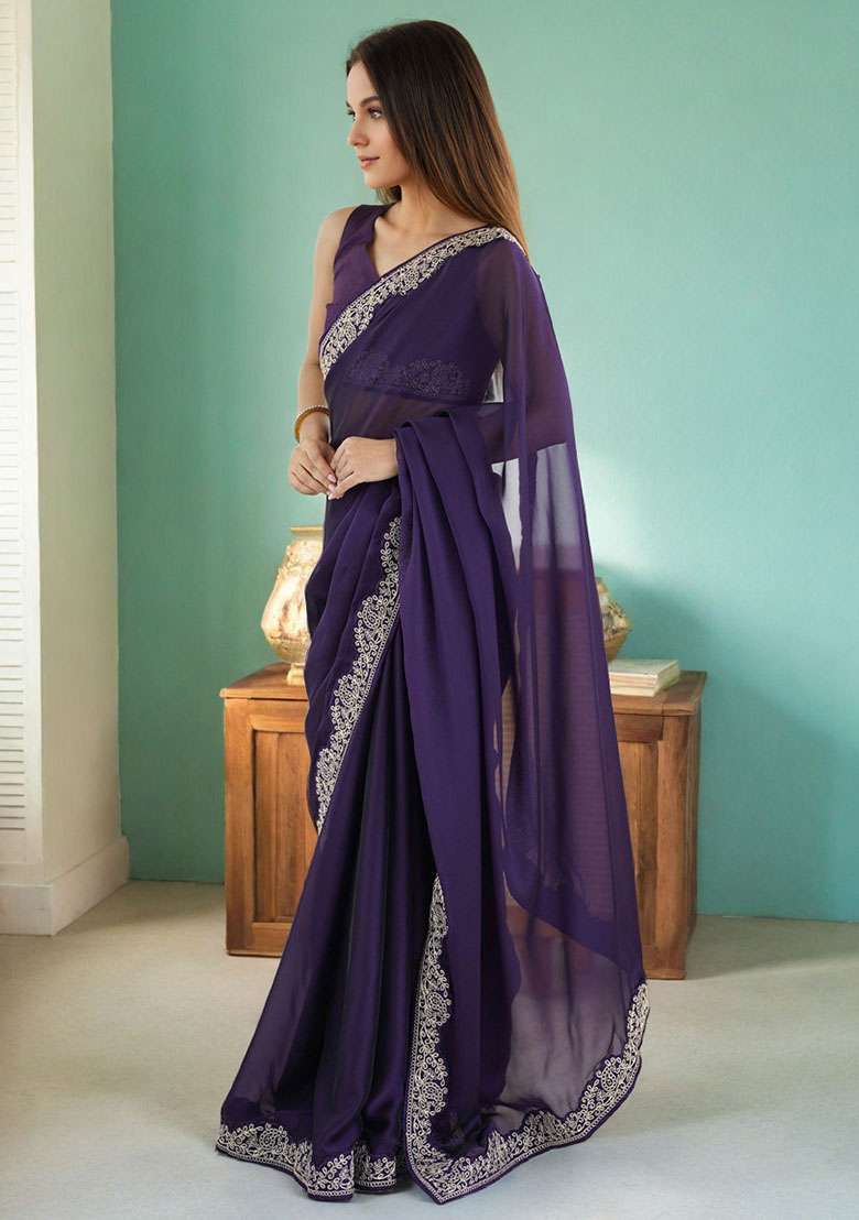 Purple Silk Blend Saree Set with Embroidery for Diwali | Wedding & Festive Wear - Indya