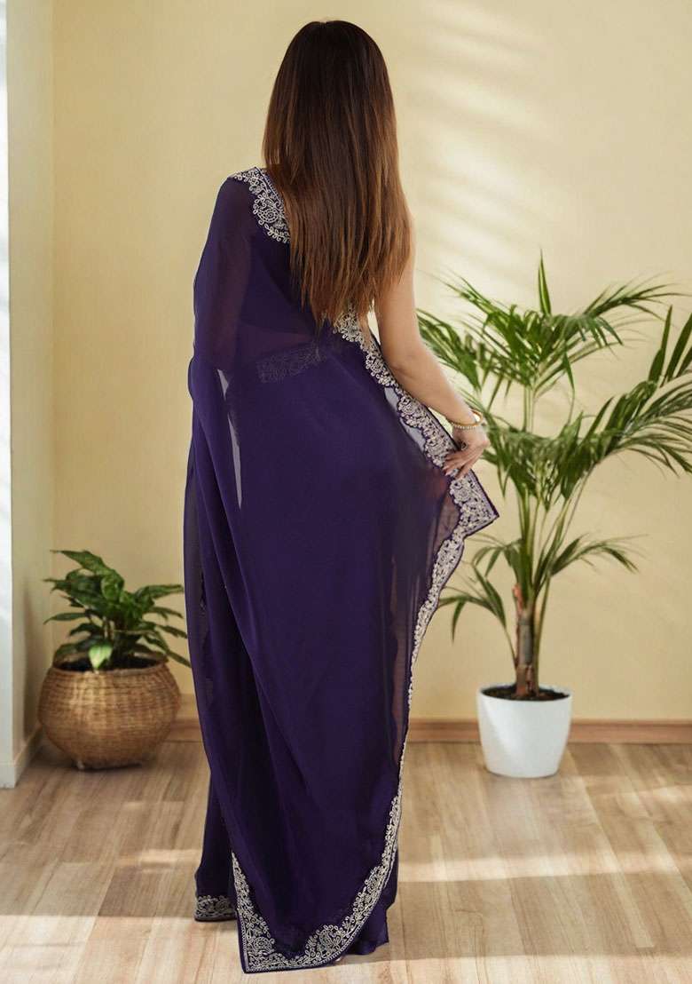 Purple Silk Blend Saree Set with Embroidery for Diwali | Wedding & Festive Wear - Indya