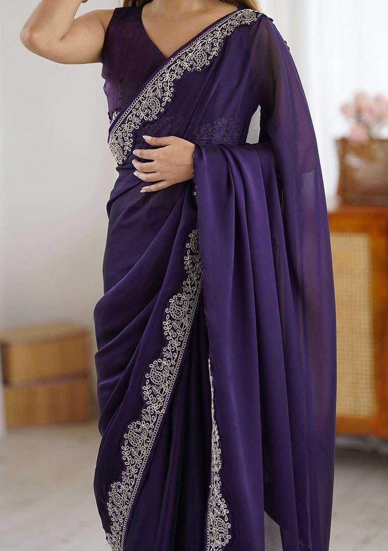Purple Silk Blend Saree Set with Embroidery for Diwali | Wedding & Festive Wear - Indya