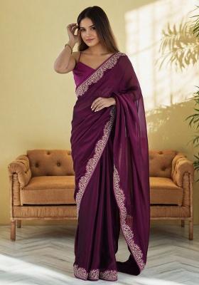 Wine Embroidery Silk Saree Set