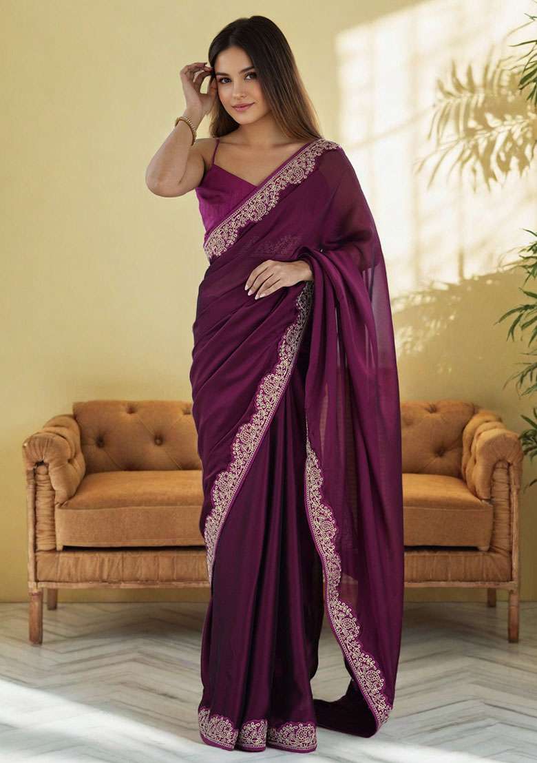 Wine Silk Blend Saree Set with Embroidery for Diwali | Wedding & Festive Wear - Indya
