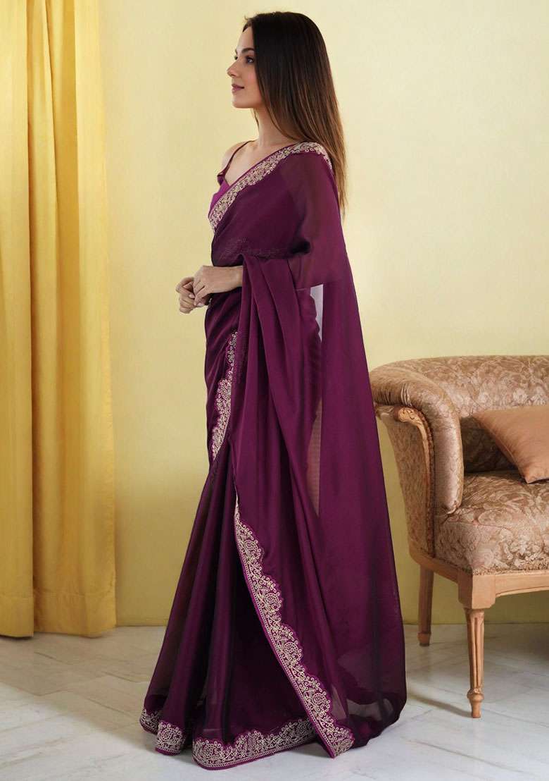 Wine Silk Blend Saree Set with Embroidery for Diwali | Wedding & Festive Wear - Indya