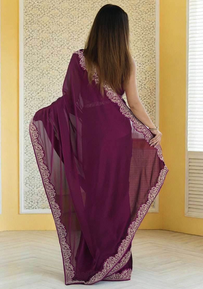 Wine Silk Blend Saree Set with Embroidery for Diwali | Wedding & Festive Wear - Indya