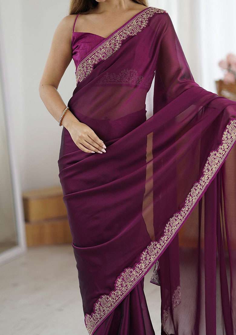 Wine Silk Blend Saree Set with Embroidery for Diwali | Wedding & Festive Wear - Indya