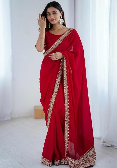 Red Zari Work Silk Saree Set