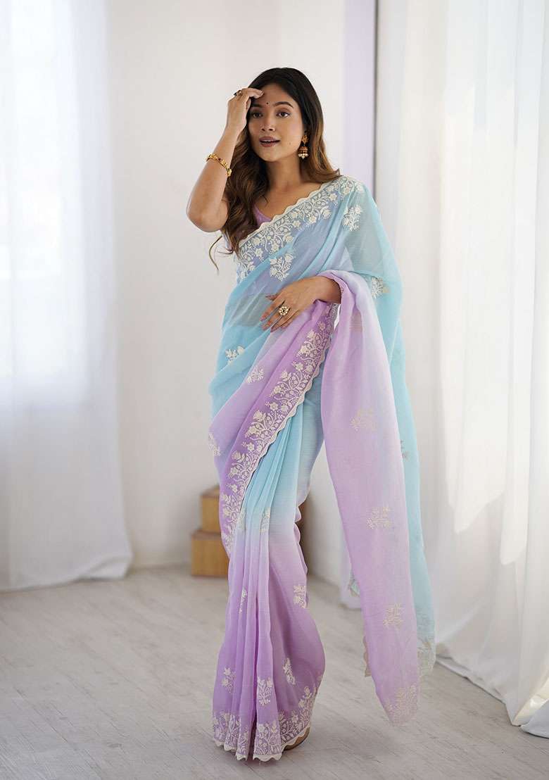 Lavender Thread Work Silk Blend Saree Set for Diwali and Festive Wear - Indya
